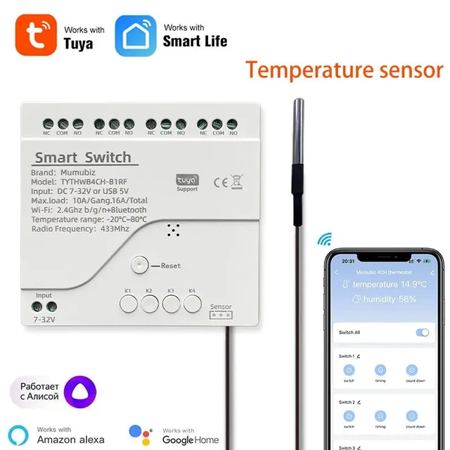 Mumubiz Tuya Smart Home interrupteur WiFi 4 canaux TH rail DIN sonde