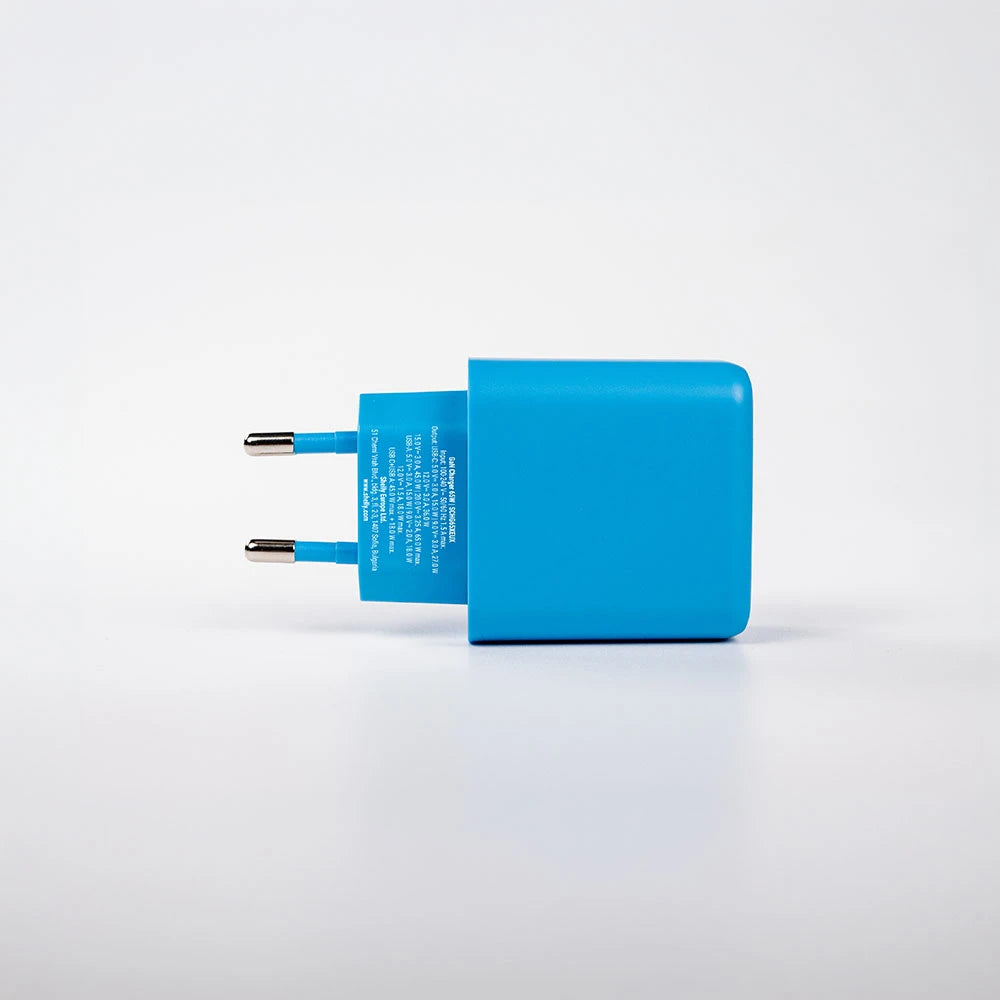 Shelly GaN Charger 65W chargeur rapide Bleu prise EU