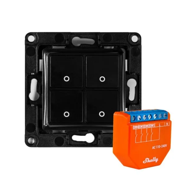 Shelly Plus i4 + Wall Switch 4 Interrupteur Mural Noir Scènes