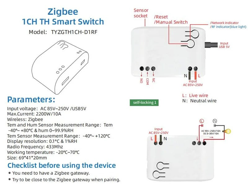 Mumubiz Zigbee Protocol interrupteur connecté 1 canal + capteur température