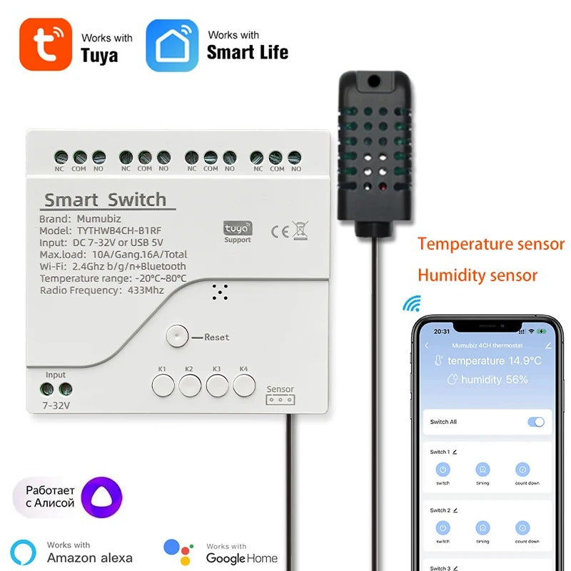 Mumubiz Tuya Smart Home interrupteur WiFi 4 canaux TH rail DIN sonde