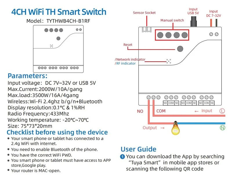 Mumubiz Tuya Smart Home interrupteur WiFi 4 canaux TH rail DIN sonde