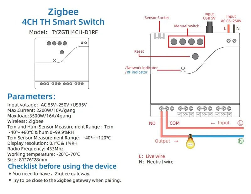Mumubiz Zigbee Protocol interrupteur connecté 4 canaux + capteur TH