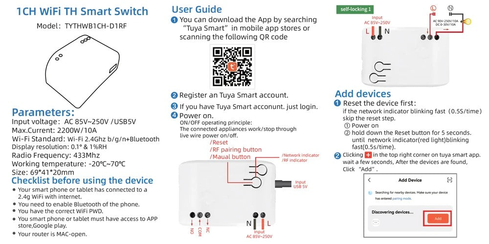 Mumubiz Tuya Smart Home relais wifi 1 canal capteur humidité