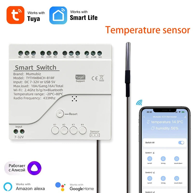 Mumubiz Tuya Smart Home interrupteur WiFi 4 canaux TH rail DIN sonde