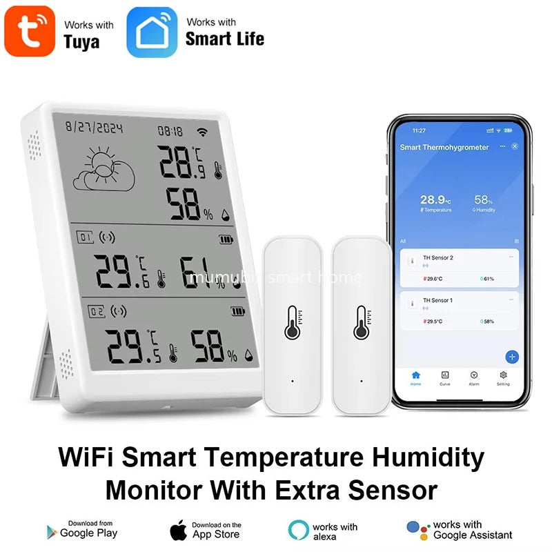 Mumubiz Tuya Smart Home Station Météo WiFi Écran + 2 Capteurs