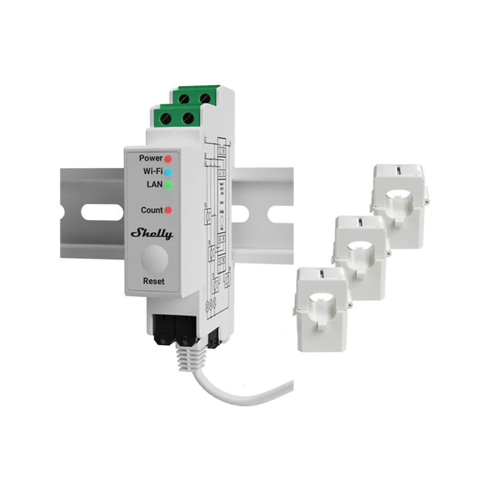 Shelly Pro 3EM compteur triphasé rail DIN Ethernet