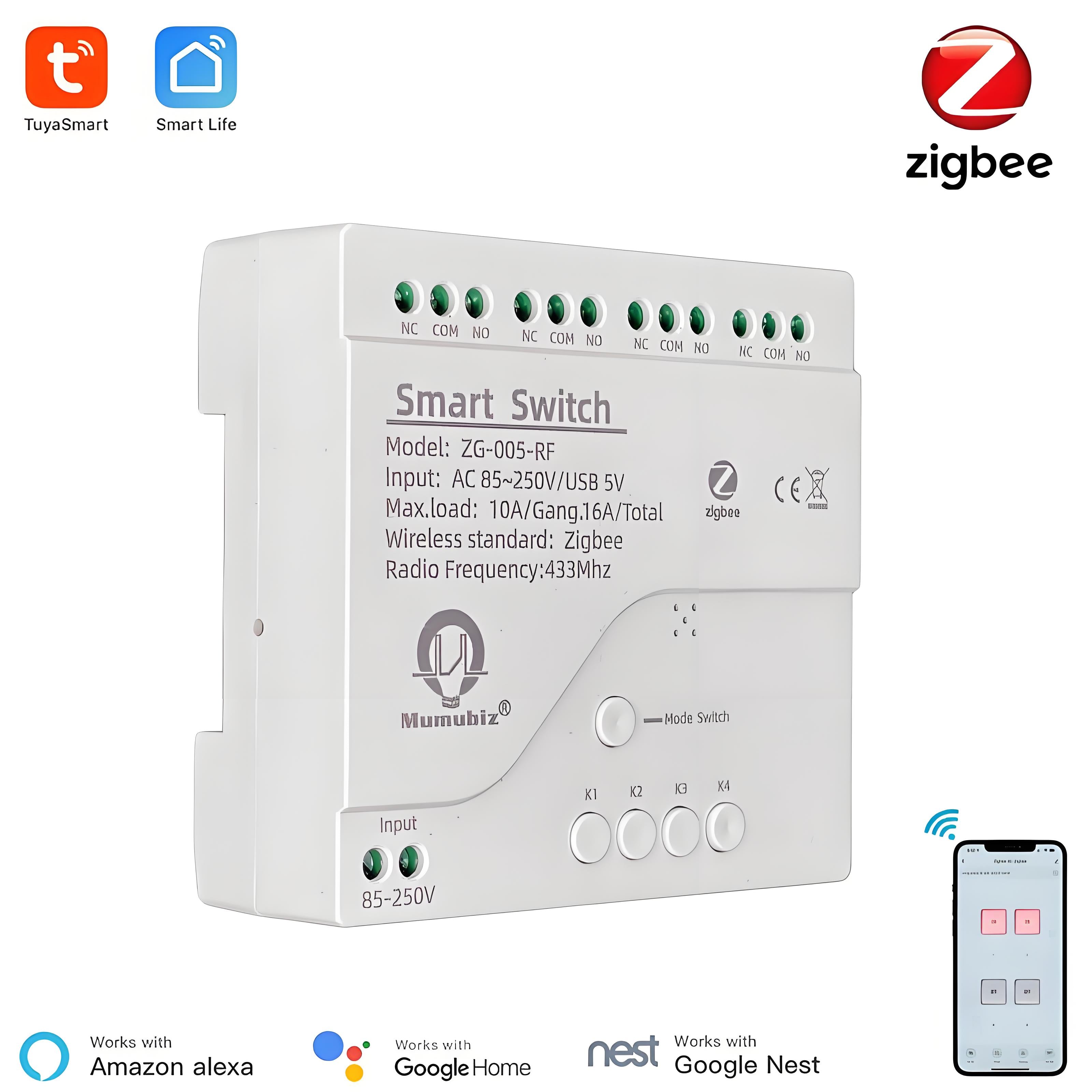 Mumubiz Zigbee Interrupteur Rail DIN 4 Canaux 220V 10A