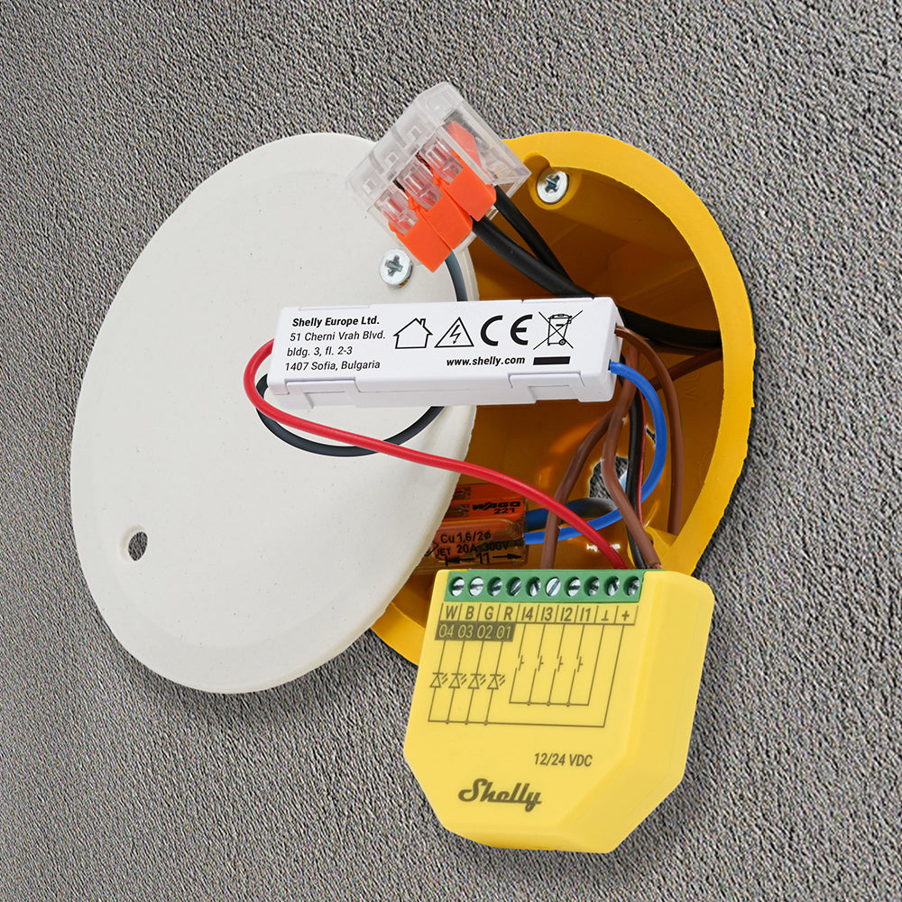 Shelly 1-Channel Decoupler 230V Module Wall Display