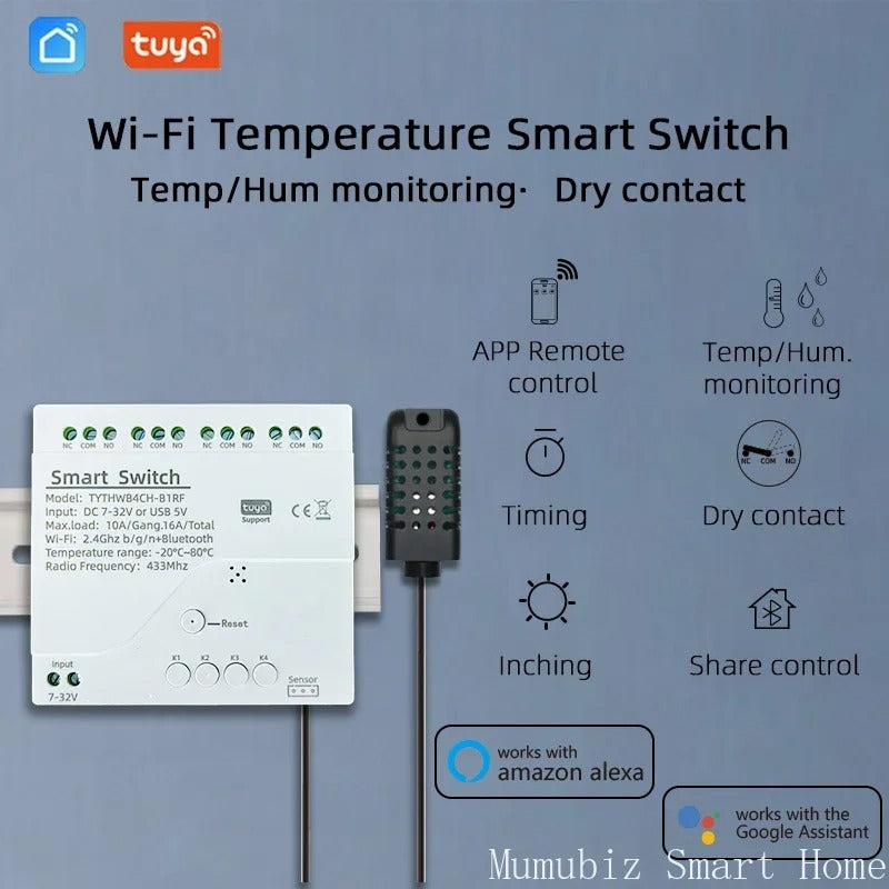 Mumubiz Tuya Smart Home interrupteur WiFi 4 canaux TH rail DIN sonde