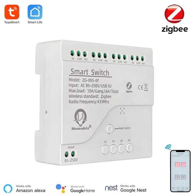 Mumubiz Zigbee Interrupteur Rail DIN 4 Canaux 220V 10A