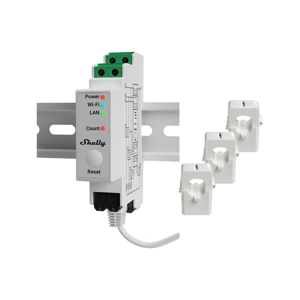 Shelly Pro 3EM compteur triphasé rail DIN 120A V2 Ethernet